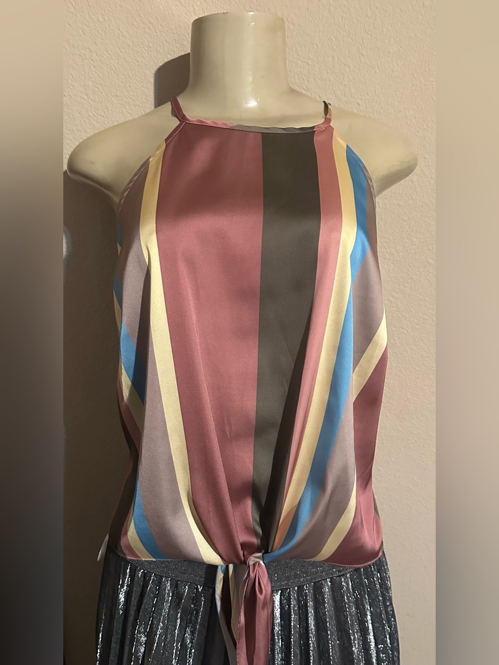 Striped Satin Halter Tie-Front Top in Mauve and Blue